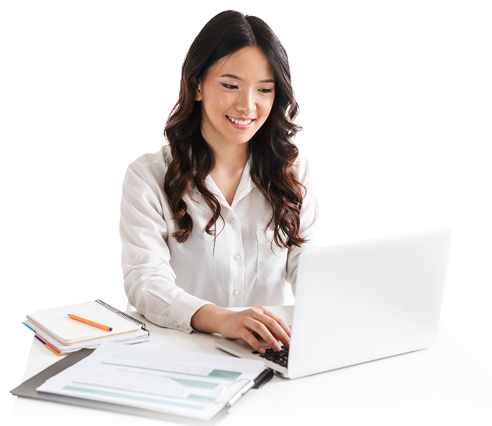 woman on computer smiling